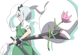  1girl black_bow black_bowtie black_hairband black_ribbon blue_eyes blunt_bangs blunt_ends bow bow_hairband bowtie breasts closed_mouth commentary_request cowboy_shot flower from_side green_vest grey_hair gyouza_(mhea5724) hair_ribbon hairband hand_on_hilt highres katana konpaku_youmu konpaku_youmu_(ghost) looking_at_viewer medium_breasts pink_flower profile puffy_short_sleeves puffy_sleeves ribbon scabbard shadow sheath shirt short_hair short_sleeves sideways_glance solo standing sword touhou vest weapon white_background white_shirt 