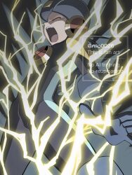  1boy black_background blue_bodysuit blue_helmet bodysuit closed_eyes cowboy_shot electricity electrocution helmet highres male_focus mega_man_(series) mega_man_battle_network_(series) megaman.exe netnavi nilo0026 open_mouth screaming solo watermark 