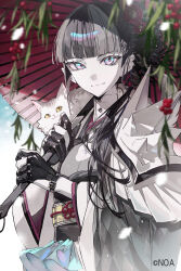  1girl absurdres animal_on_shoulder black_gloves black_hair black_sash blunt_bangs blurry cat cat_on_shoulder closed_mouth commentary_request copyright_request day gloves grey_hair highres holding holding_umbrella holly japanese_clothes kimono long_hair looking_at_viewer multicolored_eyes mura_karuki oil-paper_umbrella outdoors pale_skin partially_fingerless_gloves red_umbrella sash smile snowing spikes umbrella upper_body watermark white_kimono 