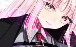  1girl alternate_costume black_coat blue_archive brown_eyes chest_strap coat collared_shirt comiket_107 commentary_request cropped hair_between_eyes hamcheeseand head_tilt lapels long_hair looking_at_viewer mika_(blue_archive) necktie notched_lapels pink_hair red_necktie sample_watermark shirt sidelocks smile solo watermark white_shirt 