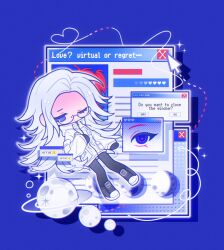  2girls absurdres aotsuki_eito black_gloves black_pantyhose black_shoes blue_eyes chinese_commentary closed_mouth coat colored_eyelashes commentary_request cursor deformed doufu_fanfan english_text error_message genderswap genderswap_(mtf) glasses gloves heart heart_of_string high_collar highres hood hood_down hooded_coat long_hair long_sleeves multiple_girls one_eye_closed pantyhose planet red_hair red_pupils semi-rimless_eyewear shoes sparkle sumino_takumi the_hundred_line_-last_defense_academy- variant_set white_coat white_hair window_(computing) 