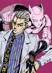  1boy absurdres animal_ears artist_name cat_ears cheekbones commentary crosshatching diamond_wa_kudakenai formal_clothes hatching_(texture) highres jojo_no_kimyou_na_bouken killer_queen kimleon kira_yoshikage necktie stand_(jojo) suit 