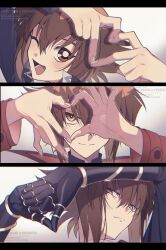  1boy black_jacket brown_eyes brown_hair commentary_request duel_academy_uniform_(yu-gi-oh!_gx) gauntlets happy heart heart_hands highres jacket red_jacket revision smile supreme_king_(yu-gi-oh!_gx) yellow_eyes yoshio_296 yu-gi-oh! yu-gi-oh!_gx yuki_judai 