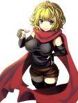  bad_id blonde_hair boots breasts elbow_gloves fingerless_gloves gloves impossible_clothes impossible_clothing impossible_shirt original scarf shirt short_shorts shorts simple_background smile solo soraruru taut_shirt thigh-highs thigh_boots thighhighs yui_tooru zettai_ryouiki 