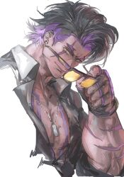  1boy arm_up baiyeju8 black_gloves chest_tattoo closed_mouth collared_shirt cropped_torso dog_tags earrings fingerless_gloves forked_eyebrows gloves highres holding holding_removed_eyewear jewelry looking_to_the_side luke_sullivan male_focus multiple_scars official_alternate_color official_alternate_eye_color official_alternate_hair_color open_clothes open_shirt pectorals piercing purple_hair scar scar_across_eye scar_on_arm scar_on_face shirt short_hair sideways_glance simple_background smile solo street_fighter street_fighter_6 stud_earrings tattoo tinted_eyewear unworn_eyewear white_background yellow-tinted_eyewear 