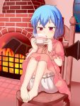  barefoot bat_wings bloomers blue_hair cup feet feet_on_chair fireplace jewelry muku-coffee no_hat no_headwear no_shoes pink_hair red_eyes remilia_scarlet short_hair solo teacup touhou wings 