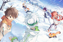  >_< 5boys :d black_jacket black_pants blonde_hair brown_eyes brown_hair brown_scarf child commentary_request day green_headband headband in_the_face jacket koe_(mixpi) male_focus mountainous_horizon multiple_boys original outdoors pants power_lines purple_hair red_hair scarf shirt sky smile snow snowball snowball_fight snowman tanuki white_hair white_jacket white_pants white_shirt winter 