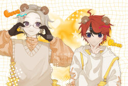  2boys absurdres ahoge alternate_costume animal_ears aotsuki_eito bear_ears black_hair blue_bow blush bow closed_mouth commentary_request cross-laced_clothes cross-laced_sleeves english_text eyelashes glasses grey_hair grey_sweater_vest hair_between_eyes hair_bow heart height_difference highres hood hood_down hoodie ichiki_(1ih44y) male_focus multicolored_hair multiple_boys orange_ribbon orange_shirt overalls rectangular_eyewear red_bow red_hair ribbon semi-rimless_eyewear shirt short_hair smile streaked_hair sumino_takumi sweater_vest the_hundred_line_-last_defense_academy- two-tone_hair violet_eyes watermark white_hoodie yellow_overalls yellow_shirt 