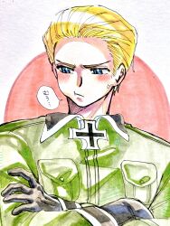  1boy axis_powers_hetalia black_gloves blonde_hair blue_eyes blush breast_pocket closed_mouth collared_jacket commentary_request cross crossed_arms germany_(hetalia) gloves gozaru_0622 green_jacket grumpy highres iron_cross jacket long_sleeves looking_to_the_side male_focus military military_jacket military_uniform pocket red_sun short_hair solo speech_bubble traditional_media v-shaped_eyebrows white_background 