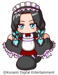  1girl anime_coloring apron artist_request black_dress black_hair black_ribbon black_shoes black_sleeves blue_eyes blue_hair blush braid company_name copyright_notice curtained_hair curtsey dahlia_(pawpro) dress flower full_body hair_ornament hair_tie headdress highres jikkyou_powerful_pro_yakyuu konami long_hair looking_at_viewer low-braided_long_hair low-tied_long_hair maid maid_apron maid_headdress multicolored_hair neck_flower no_mouth no_nose official_art parted_bangs petticoat power_pro_appli red_flower ribbon second-party_source shoes short_sleeves simple_background skull_hair_ornament sleeve_cuffs solo streaked_hair transparent_background twin_braids waist_apron white_apron white_headdress wing_collar 