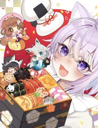  >_< 4girls ahoge animal_ears bento black_hair blue_eyes braid brown_eyes brown_hair cat_ears chibi commentary_request dog_ears fang fox_ears highres hololive hololive_gamers inugami_korone inugami_korone_(new_year) kagami_mochi komiojisan listener_(inugami_korone) miofa_(ookami_mio) multiple_girls nekomata_okayu nekomata_okayu_(new_year) onigirya_(nekomata_okayu) ookami_mio ookami_mio_(new_year) purple_hair shirakami_fubuki shirakami_fubuki_(new_year) shrimp skin_fang sparkling_eyes sukonbu_(shirakami_fubuki) violet_eyes virtual_youtuber white_hair wolf_ears 