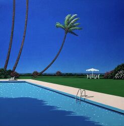  blue_sky bush commentary_request day grass highres hiroshi_nagai no_humans original outdoors palm_tree pool pool_ladder sky tree 
