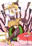  beret blonde_hair boots brown_legwear detached_sleeves doughnut drill_hair fingerless_gloves food gloves gun hair_ornament hairpin hat highres kasumi_(pluvieux_tigre) magical_girl magical_musket mahou_shoujo_madoka_magica misu_kasumi pleated_skirt puffy_sleeves ribbon rifle sitting skirt solo thighhighs tomoe_mami twintails vertical-striped_legwear vertical_stripes weapon witch&#039;s_labyrinth witch's_labyrinth yellow_eyes zettai_ryouiki 