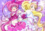  blonde_hair blue_eyes cure_melody cure_rhythm green_eyes houjou_hibiki long_hair magical_girl minamino_kanade mtu multiple_girls pink_hair precure simple_background skirt suite_precure twintails 