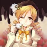  blonde_hair breasts cup drill_hair hat highres large_breasts mahou_shoujo_madoka_magica puffy_sleeves solo teacup tomoe_mami yellow_eyes 