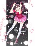  1girl ;) arms_up bangs beamed_quavers black_hair bow crotchet grin hair_between_eyes hair_bow highres legs_apart long_legs looking_at_viewer love_live! love_live!_school_idol_project musical_note nico_nico_nii off_shoulder one_eye_closed parted_lips pink_skirt purple_bow purple_shirt sheet_music shirt short_sleeves sidelocks skirt smile sola_(solo0730) solo sparkle standing thigh-highs tied_shirt treble_clef twintails violet_eyes white_legwear yazawa_nico 
