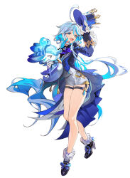  1girl :d absurdres ahoge ascot blue_ascot blue_eyes blue_hair blue_hat blue_jacket blue_ribbon coattails commentary_request frilled_socks frills full_body furina_(genshin_impact) genshin_impact gloves hair_between_eyes hat heterochromia high_heels highres holding holding_unworn_clothes holding_unworn_hat jacket leg_up long_hair long_sleeves looking_at_viewer mismatched_pupils multicolored_hair open_mouth ribbon shirt shorts smile socks standing standing_on_one_leg surintendante_chevalmarin tailcoat teeth thigh_strap top_hat totomong twintails unworn_hat unworn_headwear upper_teeth_only white_background white_hair white_shirt white_shorts 