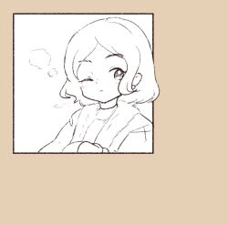  1girl blush breath brown_background closed_mouth coat cold fur-trimmed_coat fur_trim greyscale_with_colored_background inset_border looking_at_viewer mittens olto_rondo one_eye_closed original parted_bangs short_hair sketch solo 