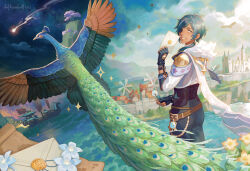  1boy aircraft airship antenna_hair aqua_background arm_belt artist_name belt bird blue_background blue_eyes blue_flower blue_hair blue_sky brown_belt building cape castle cherry_blossoms clouds cloudy_sky commentary dandelion dandelion_clock dark-skinned_male dark_skin day driftwoodwolf earrings english_commentary envelope eyepatch feet_out_of_frame fingerless_gloves flower from_behind fur-trimmed_cape fur_trim genshin_impact glaze_lily gloves grey_gloves grey_hair grey_pants grin hair_over_shoulder hand_up highres holding holding_envelope holding_flower holding_letter house in-universe_location jewelry kaeya_(genshin_impact) letter long_hair looking_at_viewer looking_back male_focus map meteor mixed-language_commentary mountain mountainous_horizon multicolored_hair one_eye_covered orange_flower pants parted_lips peacock ponytail shirt sky smile solo sparkle standing star_(sky) starry_sky streaked_hair sunlight teeth tree turning_head two-tone_hair vision_(genshin_impact) watermark wax_seal white_cape white_shirt windmill yellow_flower 