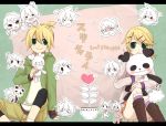  blonde_hair brother_and_sister chibi green_eyes hairclip heart jacket kagamine_len kagamine_rin kneesocks panda plant plush ponytail short_hair sitting sukikirai_(vocaloid) vocaloid 