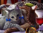  animalization blue_eyes braid cat cat_day cup hat hong_meiling izayoi_sakuya looking_at_viewer maid_headdress no_humans pocket_watch redoredo_(godprogress) star touhou twin_braids watch wine_glass 
