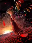  alternate_costume arm_hug arms_behind_back bare_shoulders blonde_hair blurry dark_clouds depth_of_field dress dutch_angle field flandre_scarlet flower flower_field foreshortening hat hat_ribbon highres looking_back nozet petals red_dress red_eyes red_rose ribbon rose rose_petals side_ponytail solo sunset the_embodiment_of_scarlet_devil touhou twilight wings 