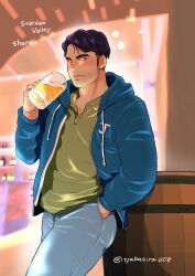 1boy absurdres alcohol bar_(place) barrel beer beer_mug blue_jacket blue_pants chabashira_tatsukichi character_name commentary_request copyright_name cup denim english_text green_shirt hand_in_pocket highres holding holding_cup hood hood_down hooded_jacket jacket jeans leaning_on_object long_sideburns looking_at_viewer male_focus mature_male mug open_clothes open_jacket pants polo_shirt purple_hair shane_(stardew_valley) shirt short_hair sideburns solo stardew_valley twitter_username 