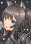  animal_ears bangs blue_eyes blunt_bangs blush breath brown_hair cat_ears close-up face fang hair_ornament hair_ribbon hairclip highres kai_(link2262) long_hair looking_at_viewer open_mouth original ribbed_sweater ribbon scarf smile snow snowing solo sweater twintails 