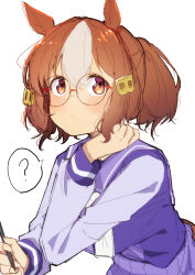  1girl ? absurdres alternate_hairstyle animal_ears belno_light_(umamusume) blush bow bowtie breasts brown_hair closed_mouth commentary_request ear_ribbon gorioshi0802 hair_ornament highres holding holding_pencil horse_ears horse_girl horse_tail letter_hair_ornament long_sleeves looking_at_viewer multicolored_hair pencil pleated_skirt ponytail purple_sailor_collar purple_serafuku purple_shirt sailor_collar sailor_shirt school_uniform serafuku shirt short_hair simple_background skirt speech_bubble spoken_question_mark tail tracen_school_uniform two-tone_hair umamusume umamusume:_cinderella_gray white_background white_bow white_bowtie white_hair 