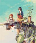  birdcage black_hair blonde_hair book brown_eyes cage hair_ornament hairclip jewelry ladder long_hair multiple_girls necklace original plant potted_plant short_hair sitting sky yuuichi_(bobobo) 