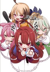  4girls absurdres aged_down ahoge baton_(weapon) brown_hair cecilia_immergreen crime_prevention_buzzer dress elizabeth_rose_bloodflame gigi_murin green_eyes grey_hair highres holding holding_whistle holojustice hololive hololive_english multiple_girls pink_eyes pink_hair pointing pointing_at_viewer raora_panthera red_eyes red_hair senbon_tsuki sharp_teeth teeth twintails virtual_youtuber weapon whistle white_background winding_key yellow_eyes 
