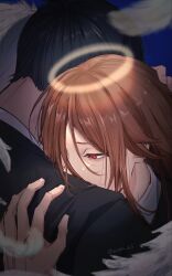  2boys angel angel_devil_(chainsaw_man) angel_wings azm_e3 black_jacket blue_background chainsaw_man commentary_request falling_feathers feathered_wings feathers halo hand_on_another's_head hayakawa_aki highres hug jacket long_hair male_focus multiple_boys red_eyes short_hair simple_background suit_jacket twitter_username white_wings wings 