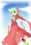  absurdres bow cloud clouds dress flower green_eyes green_hair hair_bow hair_ribbon highres kagiyama_hina miyo_(miyomiyo01) petals ribbon sky solo touhou 