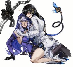  2girls black_gloves black_hair black_swan_(honkai:_star_rail) breasts commentary demon_girl demon_horns demon_tail detached_sleeves dress gloves hashtag-only_commentary high_heels highres honkai:_star_rail honkai_(series) horns laaastik1 large_breasts lipstick_mark lipstick_mark_on_face long_hair long_sleeves mole mole_under_eye multiple_girls purple_dress purple_hair purple_veil red_eyes shoes smile tail the_dahlia_(honkai:_star_rail) veil white_background white_dress white_shoes yellow_eyes yuri 