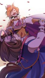  2girls ahoge animal_ears armor bag between_breasts blue_dress breasts brown_hair cape closed_eyes crown dancing double-parted_bangs dress gloves gold_corset hair_between_eyes hairband headband highres holding_hands horse_ears horse_girl horse_tail jewelry large_breasts long_sleeves meisho_doto_(turbulent_blue)_(umamusume) meisho_doto_(umamusume) michanpc mini_crown multicolored_hair multiple_girls multiple_rings open_mouth orange_hair petals pink_cape pink_crown pink_hairband pink_headband ring shirt short_hair shoulder_armor shoulder_bag smile strap_between_breasts t.m._opera_o_(o_sole_suo!)_(umamusume) t.m._opera_o_(umamusume) tail teeth two-tone_hair umamusume violet_eyes white_gloves white_hair white_shirt yuri 