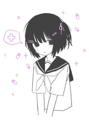  1girl bandaid bandaid_on_cheek bandaid_on_face bandaid_on_neck black_eyes black_hair blush_stickers cropped_torso hair_ornament hair_ribbon hairclip highres looking_to_the_side lurenjia monochrome neckerchief one_side_up original pill ribbon school_uniform serafuku short_hair short_sleeves solo spot_color 