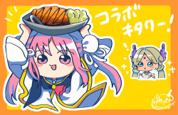  2girls :d arms_up ascot bead_necklace beads black_cape blue_eyes blush_stickers border brown_hair bun_cover cape chibi chibi_only commentary_request cropped_torso dark-skinned_female dark_skin double_bun earrings eyes_visible_through_hair food hair_bun heaven_burns_red highres holding holding_food indian_clothes jewelry kunimi_tama long_hair long_sleeves looking_at_another looking_at_viewer low_twintails multiple_girls necklace notice_lines open_mouth orange_border outline outside_border parted_bangs pink_eyes pink_hair red_ascot shirt sidelocks signature simple_background smile sparkle translation_request triangle_earrings triangle_mouth twintails twitter_username two_side_up upper_body vritika_balakrishnan white_outline white_shirt wide_sleeves xdjf63qbpt0iqmj yellow_background 