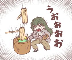  1girl brown_eyes brown_pants coat commentary_request food full_body green_hair grey_coat grey_sweater hair_ornament hairclip kine link!_like!_love_live! love_live! mallet mochi mochitsuki mortar_(bowl) ogami_sachi ogami_sachi_(post-graduation) open_clothes open_coat open_mouth pants parallel_hairclips screaming shiroyama-san simple_background solo squatting sweat sweater translation_request v-shaped_eyebrows virtual_youtuber white_background 