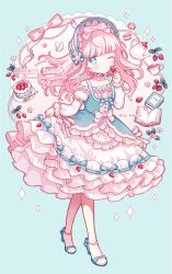  1girl artist_name bare_shoulders beads between_fingers blue_background blue_bow blue_eyes blue_vest blunt_bangs blush book bow bug butterfly cake center_frills chinstrap closed_mouth commentary_request commission cup dress dress_bow dress_flower floating_hair flower food fork frilled_dress frills fruit full_body headdress high_heels highres holding holding_food holding_fruit hoshifuru_akiyo juliet_sleeves knees_together_feet_apart long_hair long_sleeves looking_at_viewer medium_dress off-shoulder_dress off_shoulder one_eye_closed open_book original pastry petticoat pink_bow pink_butterfly pink_flower pink_hair plate puffy_sleeves sidelocks signature skeb_commission skirt_hold smile solo sparkle strawberry strawberry_cake striped_bow teacup teapot twitter_username vest waist_bow walking watermark white_bow white_dress 