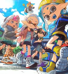  1boy 3girls black-framed_eyewear black_gloves black_hair black_shorts black_skirt black_sweater blue_hair blue_shirt blue_shoes blue_sweater boots closed_mouth coat commentary commission earrings fingerless_gloves glasses gloves green_eyes grey_coat grey_hair grey_shirt grey_shorts hat highres holding holding_phone hoop_earrings inkling inkling_girl inkling_player_character jacket jewelry long_hair long_sleeves medium_hair miko_(15476997) multicolored_shoes multicolored_sweater multiple_girls octoling octoling_boy octoling_player_character open_clothes open_jacket open_mouth orange_eyes orange_shoes orange_socks outdoors phone pink_hair pink_jacket pink_socks pointy_ears pompadour purple_sandals sandals shirt shoes short_hair shorts skirt smallfry_(splatoon) socks splatoon_(series) striped_clothes striped_shirt sweater symbol-only_commentary tentacle_hair two-tone_shirt two-tone_shoes watermark white_boots white_hat white_shirt white_shoes white_socks yellow_hat yellow_shoes yellow_sweater 