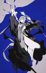 1boy absurdres andoain_(arknights) arknights arm_up blue_background closed_mouth coat commentary drawing_sword full_body grey_background greyscale_with_colored_background hair_between_eyes halo hand_up hellwithlight highres holding holding_halo holding_sword holding_weapon human_scabbard long_coat long_sleeves looking_at_viewer male_focus open_clothes open_coat pants profile shirt short_hair sideways_glance solo sword two-tone_background weapon wide_sleeves 