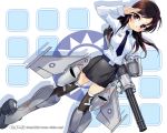  airplane brown_eyes brown_hair dutch_angle f-ck-1 girl_arms gun jet long_hair mecha_musume military necktie personification salute skirt solo thigh-highs thighhighs wallpaper weapon zeco 