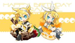  1boy 1girl anniversary aqua_eyes banana banana_slice bare_shoulders bass_clef black_leg_warmers black_sailor_collar black_sleeves blonde_hair bow brother_and_sister cake chibi chocolate_cake covering_own_mouth crossed_legs detached_sleeves food fruit grey_leg_warmers grey_sailor_collar grey_sleeves hair_bow hair_ornament hairclip hand_to_own_mouth happy_birthday headphones headset kagamine_len kagamine_rin leg_warmers looking_at_viewer mh_muhan neckerchief necktie open_mouth orange_(fruit) orange_slice ponytail sailor_collar shirt short_hair short_ponytail short_sleeves shorts siblings sitting sleeveless sleeveless_shirt smile treble_clef twins vocaloid white_bow yellow_neckerchief yellow_necktie 