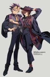  2boys alternate_costume black_coat black_hair black_hat black_jacket black_pants black_shirt blonde_hair brown_eyes brown_hair coat full_body grey_background grey_vest hat highres jacket male_focus multicolored_hair multiple_boys muto_yugi neckerchief one_eye_closed pants purple_hair red_shirt shirt short_hair simple_background smile suspenders vest violet_eyes yellow_neckerchief yoshio_296 yu-gi-oh! yu-gi-oh!_duel_monsters yu-gi-oh!_gx yuki_judai 