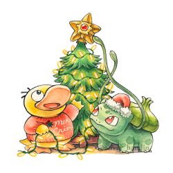  animal_focus beak bird bulbasaur christmas_lights christmas_star christmas_tree closed_mouth clothed_pokemon commentary duck english_commentary hat no_humans oliver_hamlin open_mouth plant pokemon pokemon_(creature) pokemon_focus psyduck red_eyes red_hat red_sweater santa_hat smile staryu sweater tail vines 