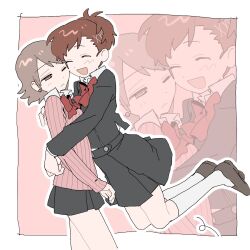  2girls :< :d black_jacket blush border bow bowtie brown_eyes brown_hair brown_shoes closed_eyes closed_mouth commentary flipped_hair gekkoukan_high_school_uniform grey_skirt hair_ornament hairclip hideyo746 highres hug jacket jumping kneehighs long_sleeves looking_at_another multiple_girls one_eye_closed open_mouth outline outside_border parted_bangs persona persona_3 persona_3_portable pink_background pink_sweater pleated_skirt red_bow red_bowtie ribbed_sweater school_uniform shiomi_kotone shoes skirt smile socks standing sweater takeba_yukari white_border white_outline white_socks wing_collar yuri zoom_layer 