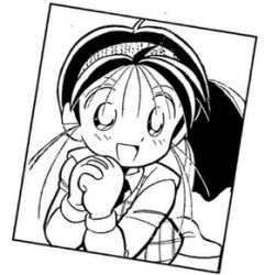  1girl black_hair collared_shirt hairband himitsu_keisatsu_holmes inset_border kitahara_mako long_sleeves looking_at_another lowres necktie non-web_source open_mouth own_hands_together plaid_clothes plaid_vest ponytail shirt solo upper_body vest w_arms 