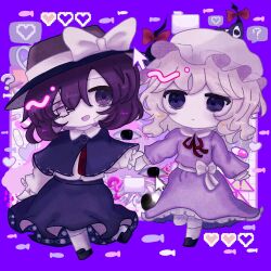  ! 2girls ? black_capelet black_hat black_skirt blonde_hair border bow capelet collared_dress commentary_request cursor disembodied_eye dress expressionless eyepatch fish folder foot_up_heel_up frilled_dress frilled_sleeves frills gap_(touhou) hat hat_bow head_tilt health_bar heart holding_hands long_sleeves maribel_hearn medium_hair multiple_girls neck_ribbon necktie open_mouth pill purple_border purple_dress purple_hair red_necktie red_ribbon ribbon ribbon-trimmed_capelet ribbon_trim shirt skirt sleepwalk_zzz spoken_question_mark standing standing_on_one_leg touhou untucked_shirt usami_renko violet_eyes weirdcore white_shirt 