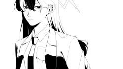  1girl alternate_costume blue_archive bright_pupils collared_shirt colored_bangs comiket_107 commentary_request cropped ear_piercing floating_hair greyscale hair_between_eyes halo highres jacket kayoko_(blue_archive) komekasuchan lapels long_hair looking_at_viewer monochrome multicolored_hair necktie notched_lapels open_clothes open_jacket piercing shirt solo suit_jacket two-tone_hair white_background 