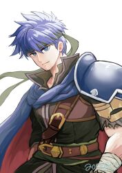  1boy aonagimay armor blue_eyes blue_hair cape closed_mouth commentary_request fire_emblem fire_emblem:_path_of_radiance green_headband headband highres ike_(fire_emblem) male_focus pauldrons short_hair shoulder_armor single_pauldron solo 